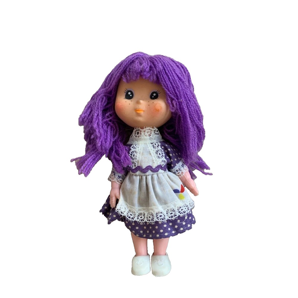 Vintage Purple‎ Yarn-Haired 6" Doll With Polka Dot Dress & Lace Details